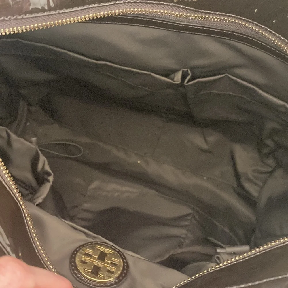 Tory Burch brown nylon and leather baby bag or travel bag tote shoulder strap